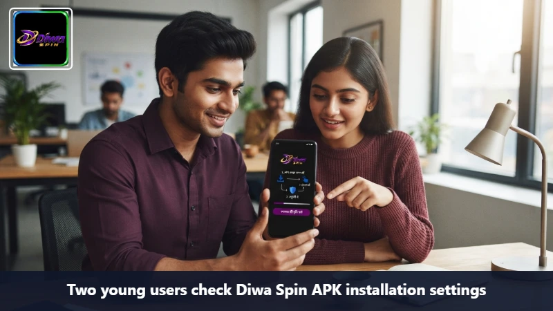 Two young users check Diwa Spin APK installation settings