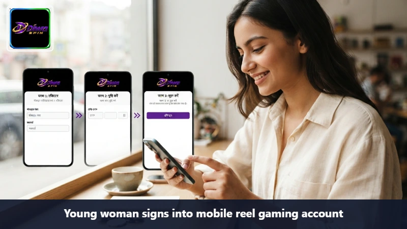 Young woman signs into mobile reel gaming account