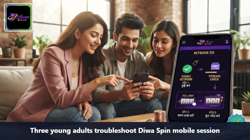 Three young adults troubleshoot Diwa Spin mobile session