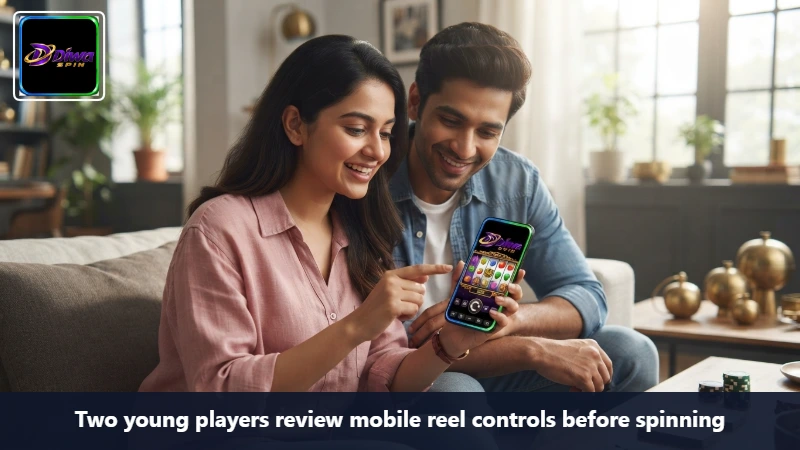 Two young players review mobile reel controls before spinning
